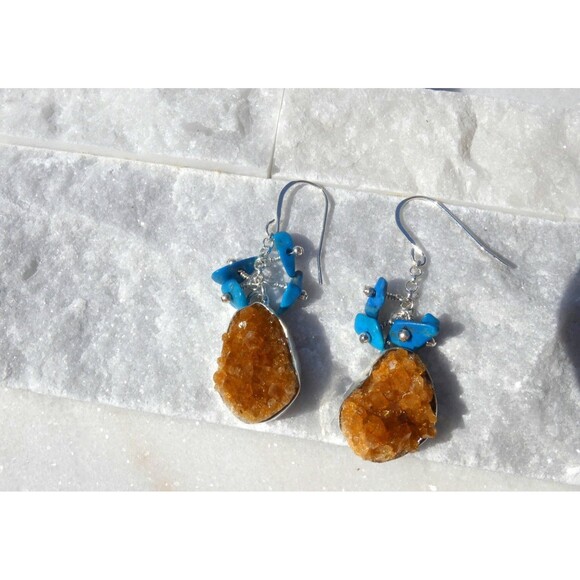 Natural Rough Citrine Turquoise Sterling Silver Dangle Earrings Healing Jewelry - Picture 6 of 8